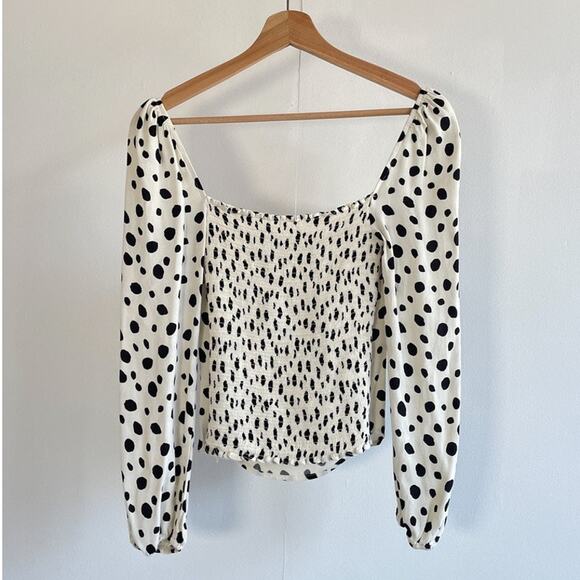 REFORMATION Reign Ink Blot Polkadot Fitted Shirred Top Bodycon Sz 8 Coquette - Picture 2 of 9